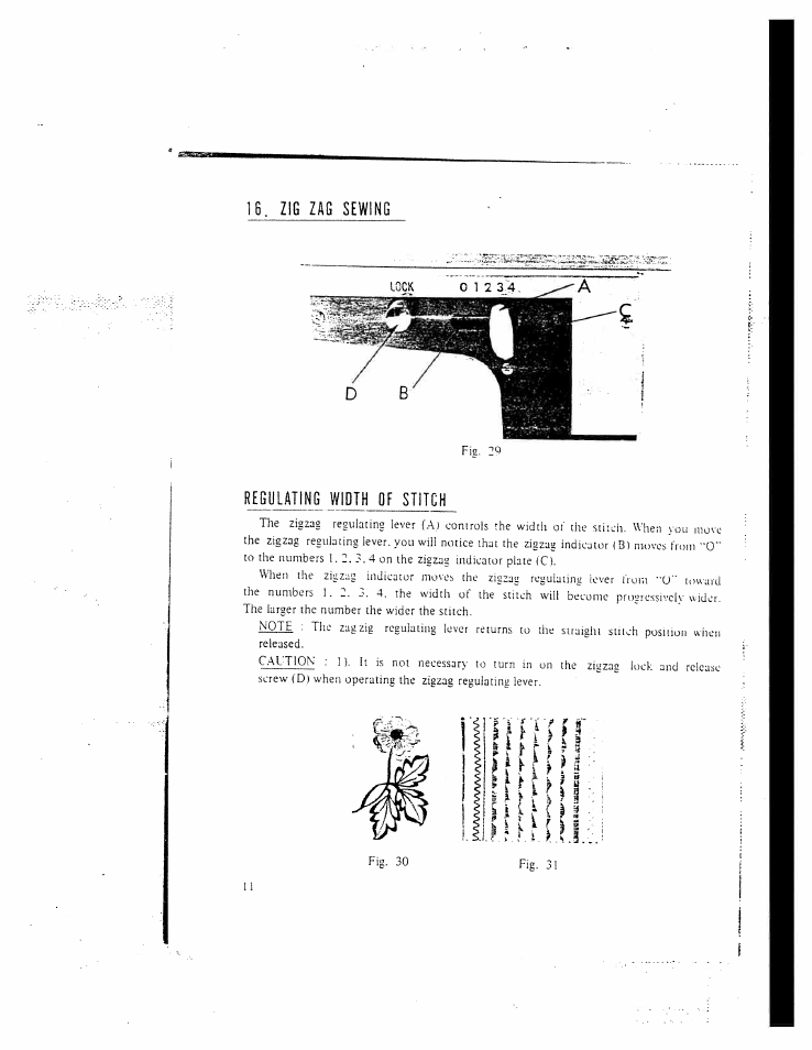 Zig zag sewing, Regulating width of stitch | SINGER W130 User Manual | Page 13 / 27