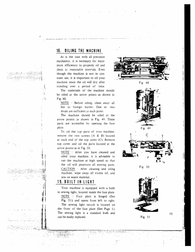 Oiling the machine, Built in light | SINGER W130 User Manual | Page 18 / 27