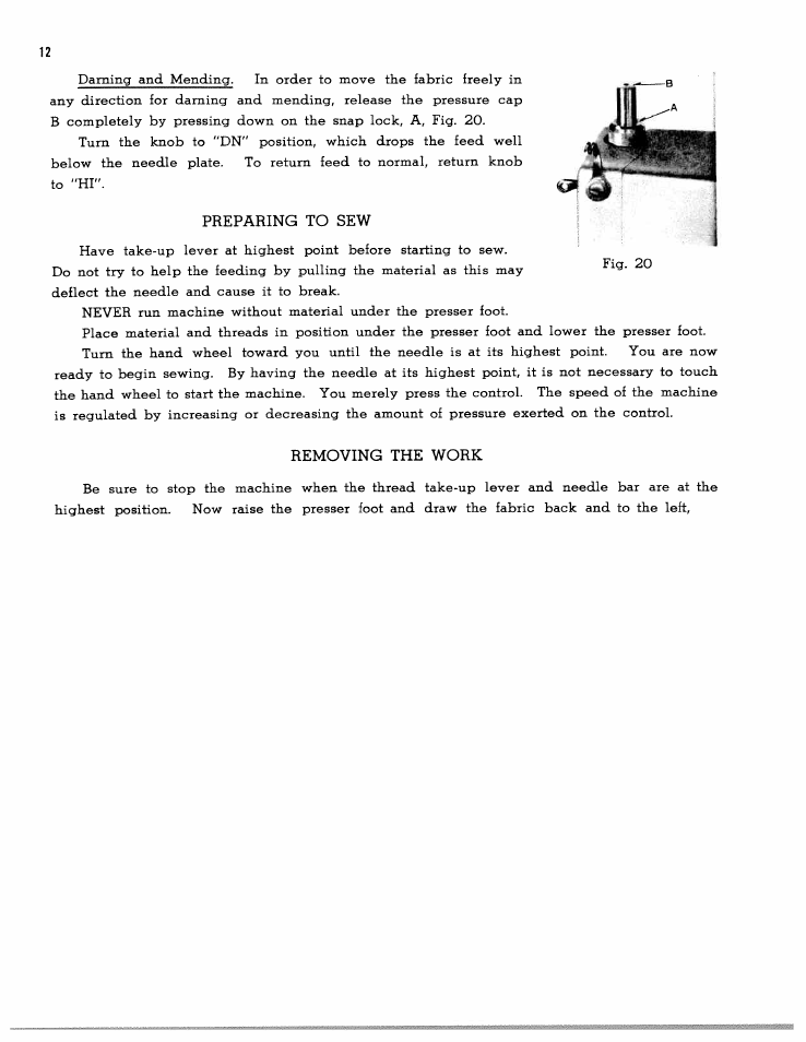 Preparing to sew, Removing the work | SINGER W1315 User Manual | Page 14 / 21