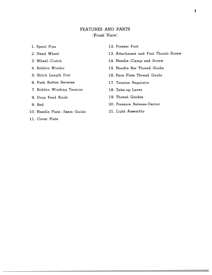 Features and parts (front view) | SINGER W1315 User Manual | Page 5 / 21