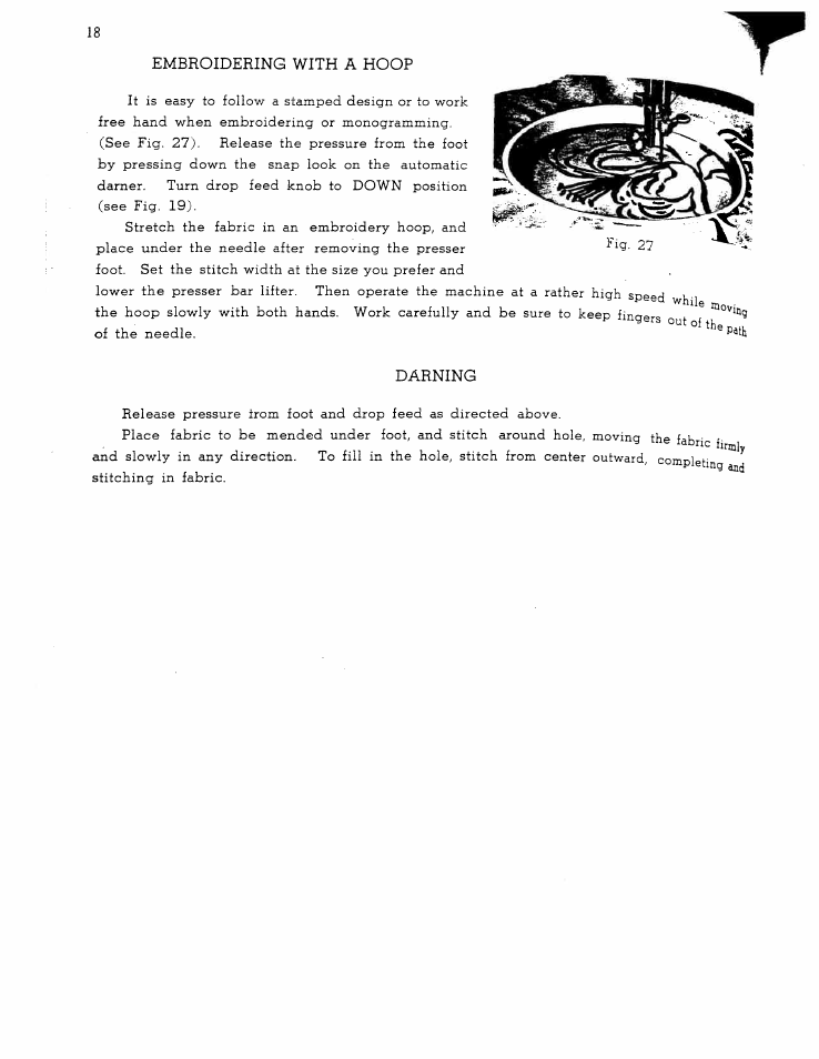 Embroidering with a hoop, Darning | SINGER W1365 User Manual | Page 19 / 37