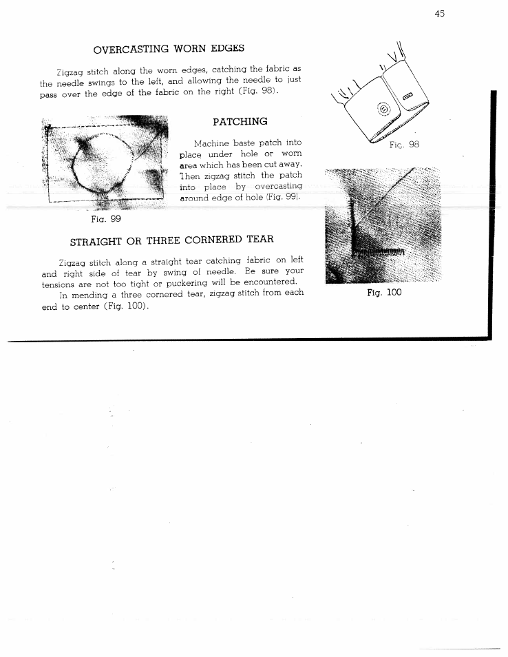 Overcasting worn edges, Patching, Straight or three cornered tear | SINGER W1366 User Manual | Page 46 / 51