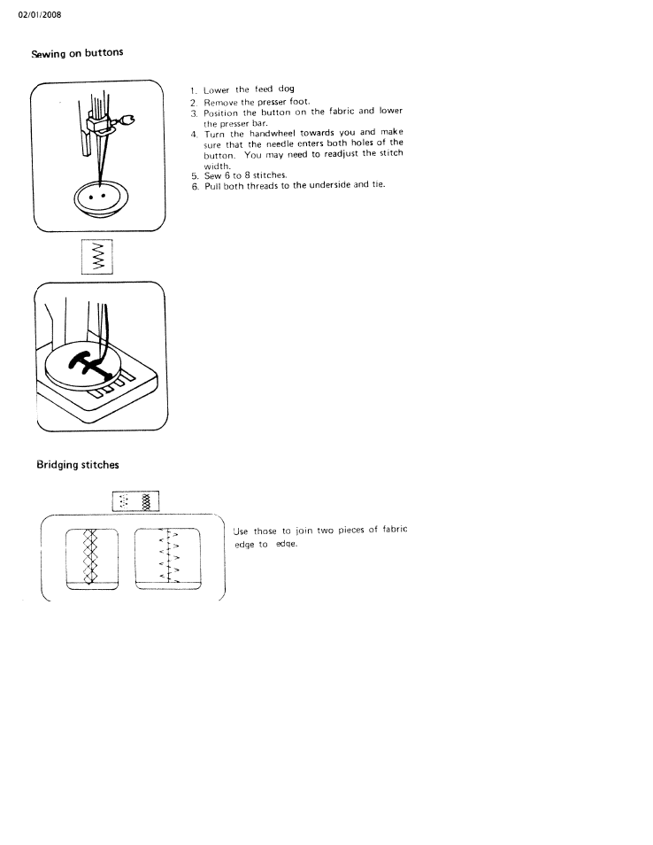 Sewing on buttons, Bridging stitches | SINGER W160 User Manual | Page 29 / 35