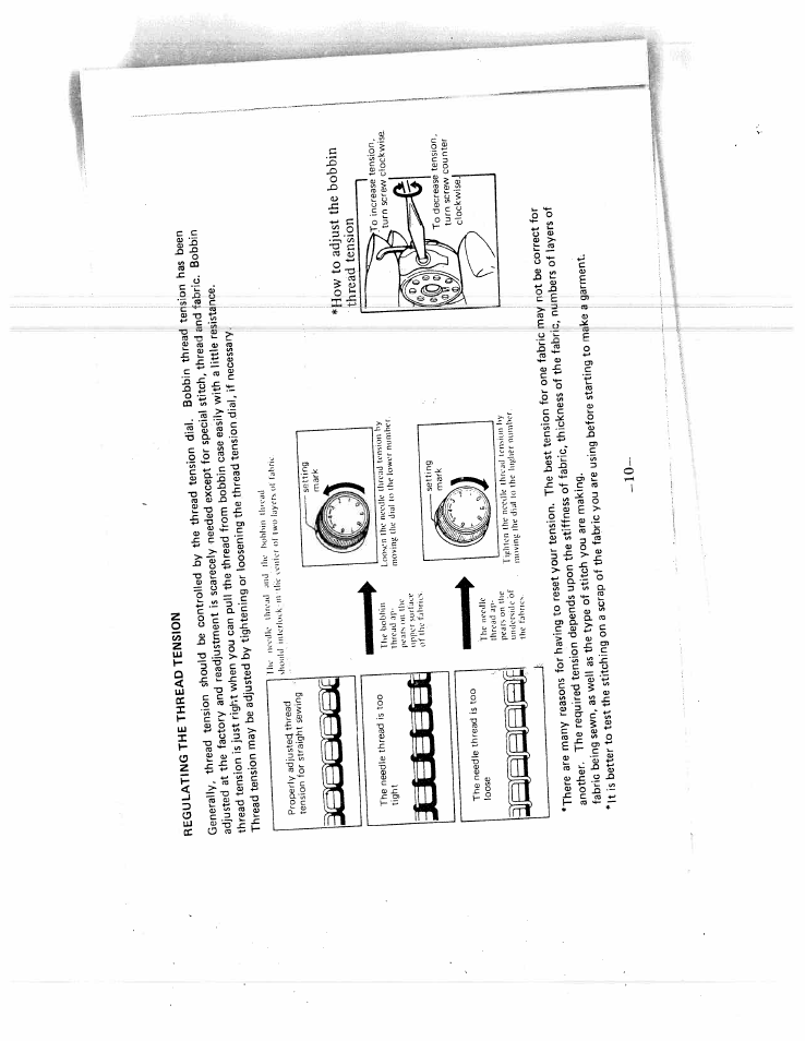 Rfculating the thread tension, Thread tension should be controlled by gp"*jor, Thread tension may be aojusxeu uy a | Iasasa, R-hp best tension for one fabric may | SINGER W1405 User Manual | Page 13 / 39