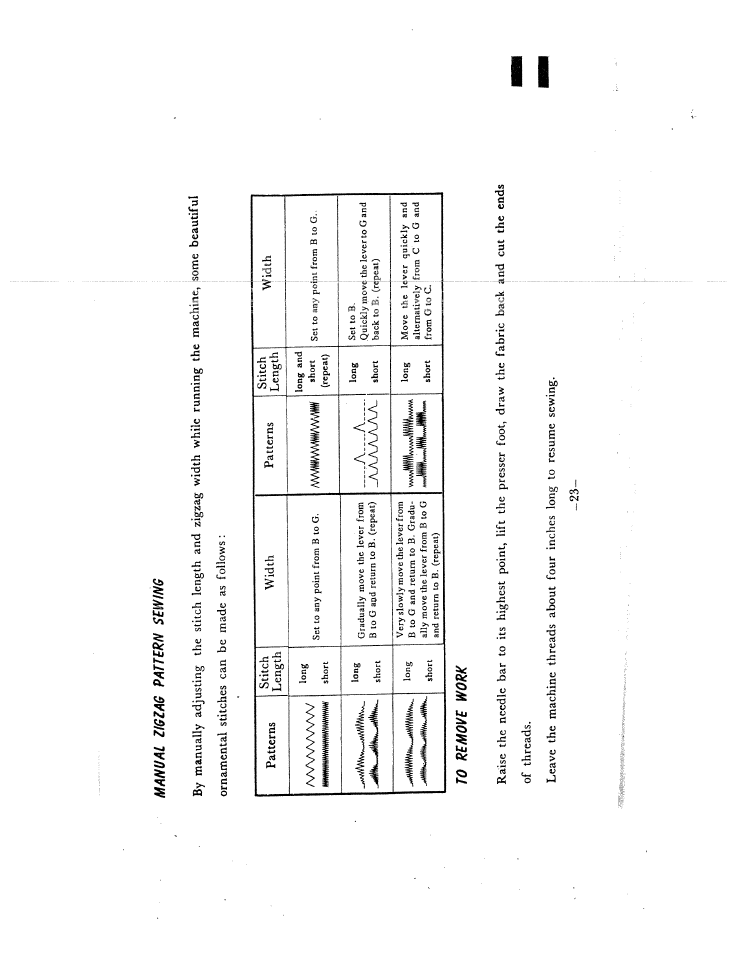 Manual zi6zag pattern sewing, To remove work | SINGER W1405 User Manual | Page 26 / 39