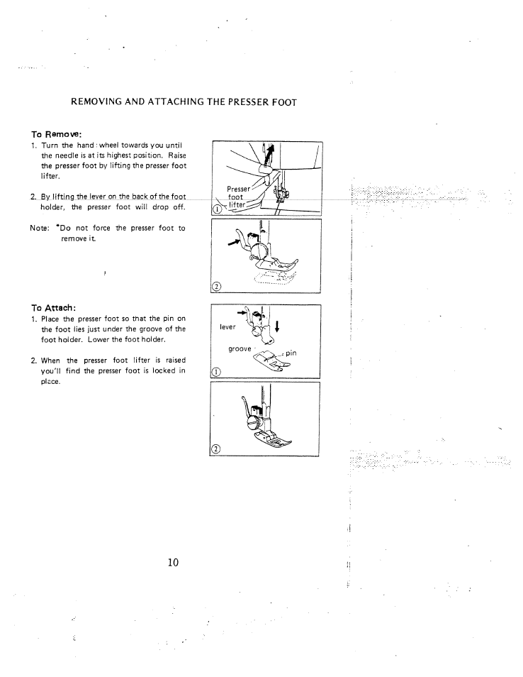 Removing and attaching the presser foot, To ramove, To attach | Removing and attaching the presser foot q | SINGER W1407 User Manual | Page 12 / 40