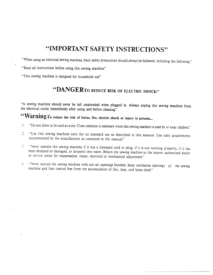 Important safety instructions, Danger-to | SINGER W1410 User Manual | Page 2 / 38