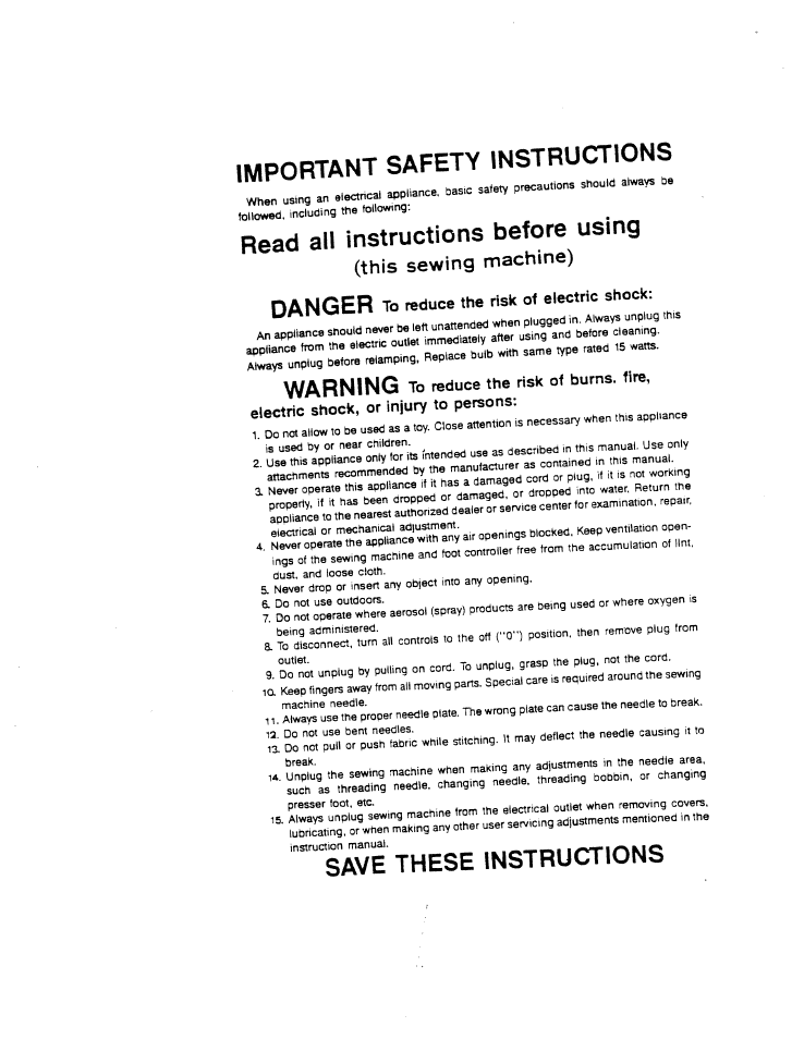 Danger to reduce the risk of electric shock, Warning to reduce the risk of burns, tire, Important safety instructions | Read all instructions before using, Warning, This sewing machine), These, Instructions | SINGER W1409 (New) Instruction Manual User Manual | Page 2 / 30
