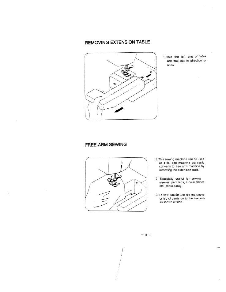 Removing extension table, Free-arm sewing | SINGER W1409 (New) Instruction Manual User Manual | Page 8 / 30