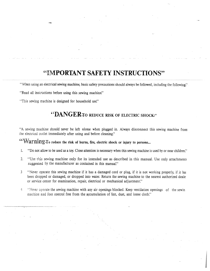 Important safety instructions, Danger-to | SINGER W1415 User Manual | Page 2 / 36
