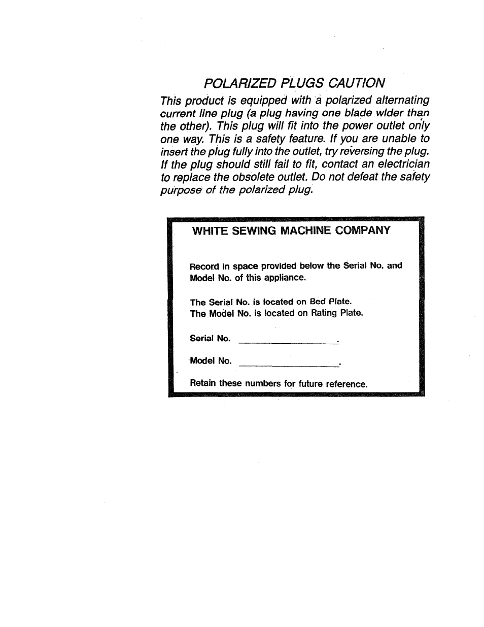 Polarized plugs caution, White sewing machine company | SINGER W1418 User Manual | Page 2 / 31