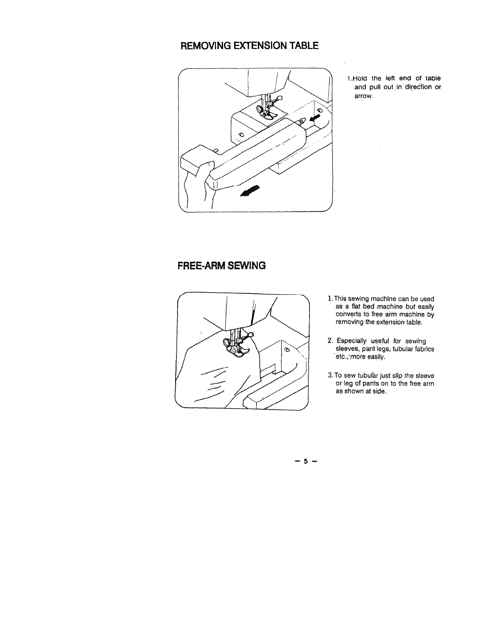 Removing extension table, Free-arm sewing | SINGER W1418 User Manual | Page 9 / 31