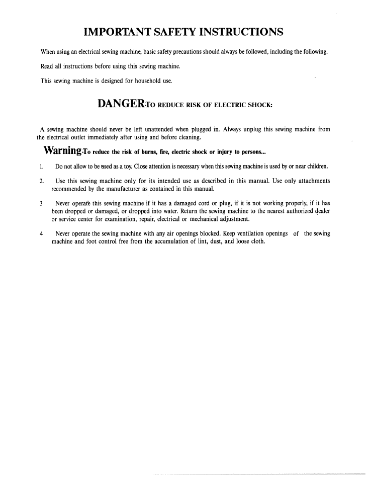 Imporiant safety instructions, Danger, Reduce risk of electric shock | SINGER W1422 User Manual | Page 3 / 42