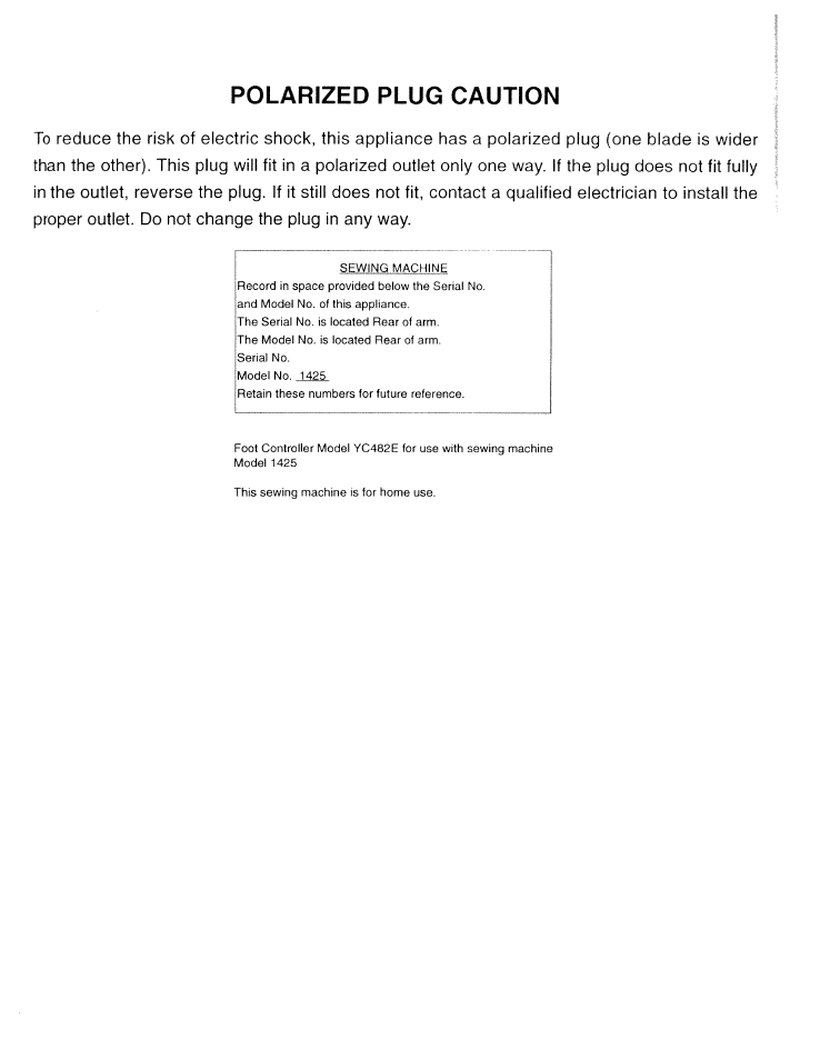 Polarized plug caution | SINGER W1425 User Manual | Page 2 / 62