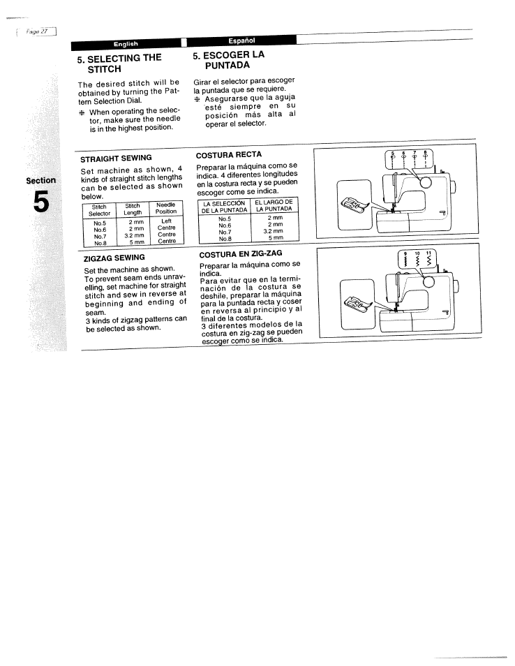 Section, Selecting the stitch, Straight sewing | Escoger la puntada, Zigzag sewing, Straight sewing zigzag sewing | SINGER W1425 User Manual | Page 36 / 62