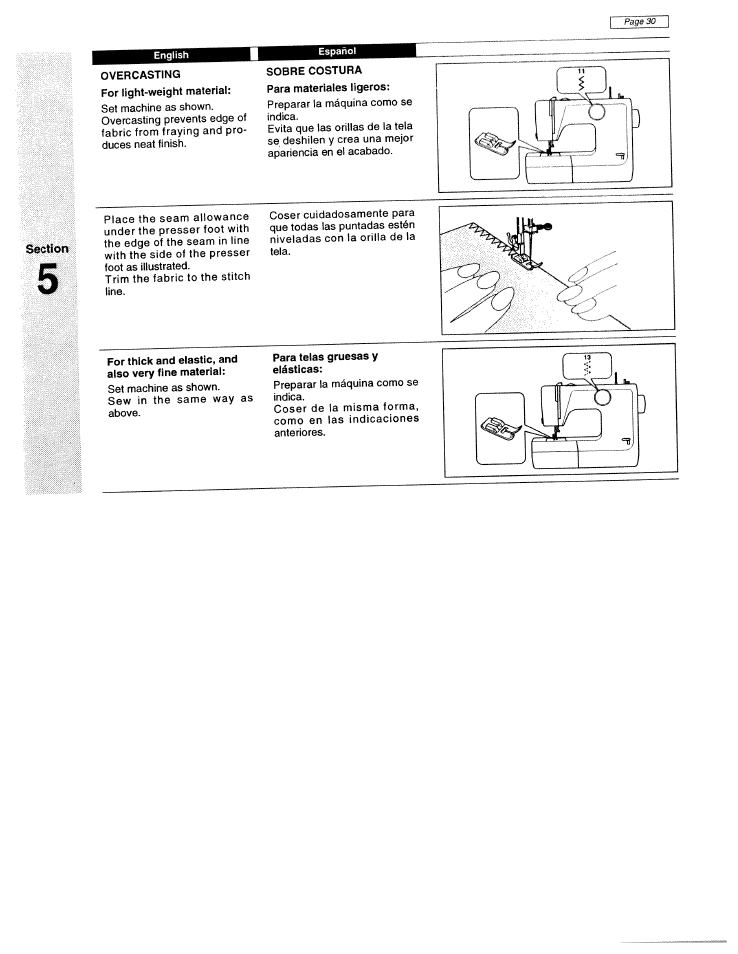 Overcasting, Sobre costura para materiales ligeros, For thick and elastic, and also very fine material | Para telas gruesas y elásticas | SINGER W1425 User Manual | Page 39 / 62