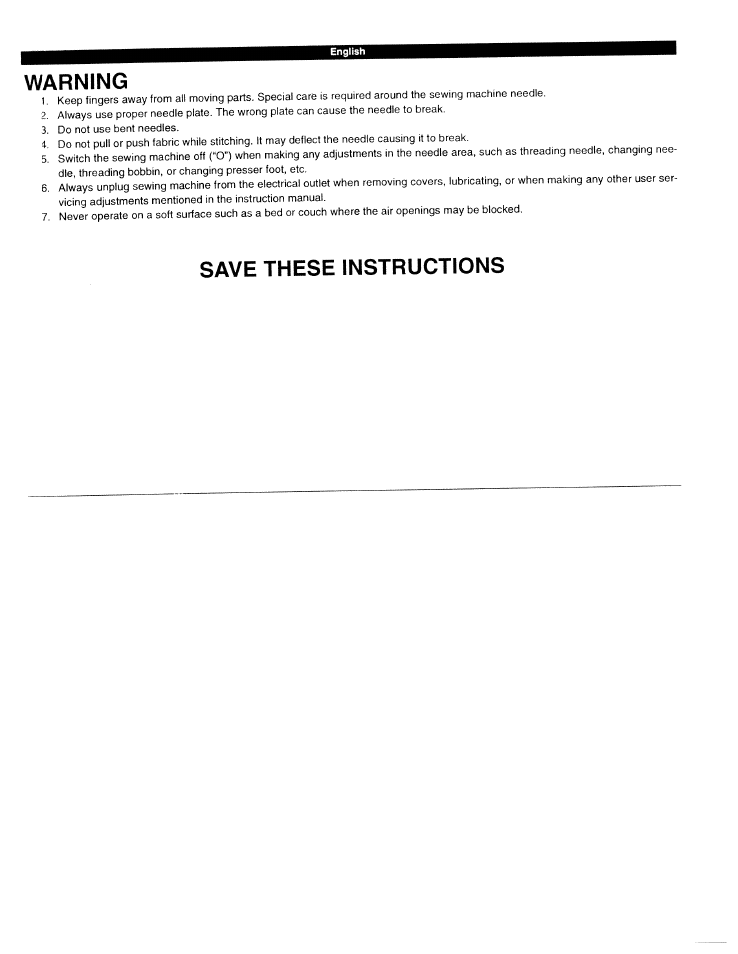 Warning, Save these instructions | SINGER W1425 User Manual | Page 4 / 62