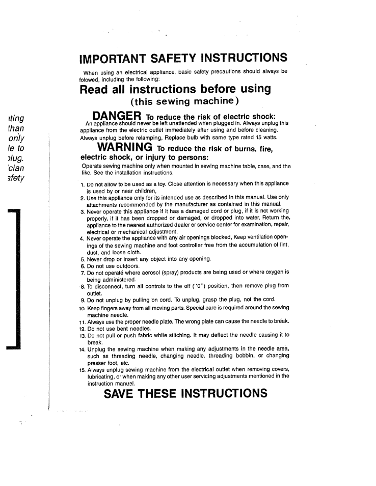 Important safety instructions, Read all instructions before using, Danger | Warning, Save these instructions, This sewing machine) | SINGER W1444 User Manual | Page 3 / 33