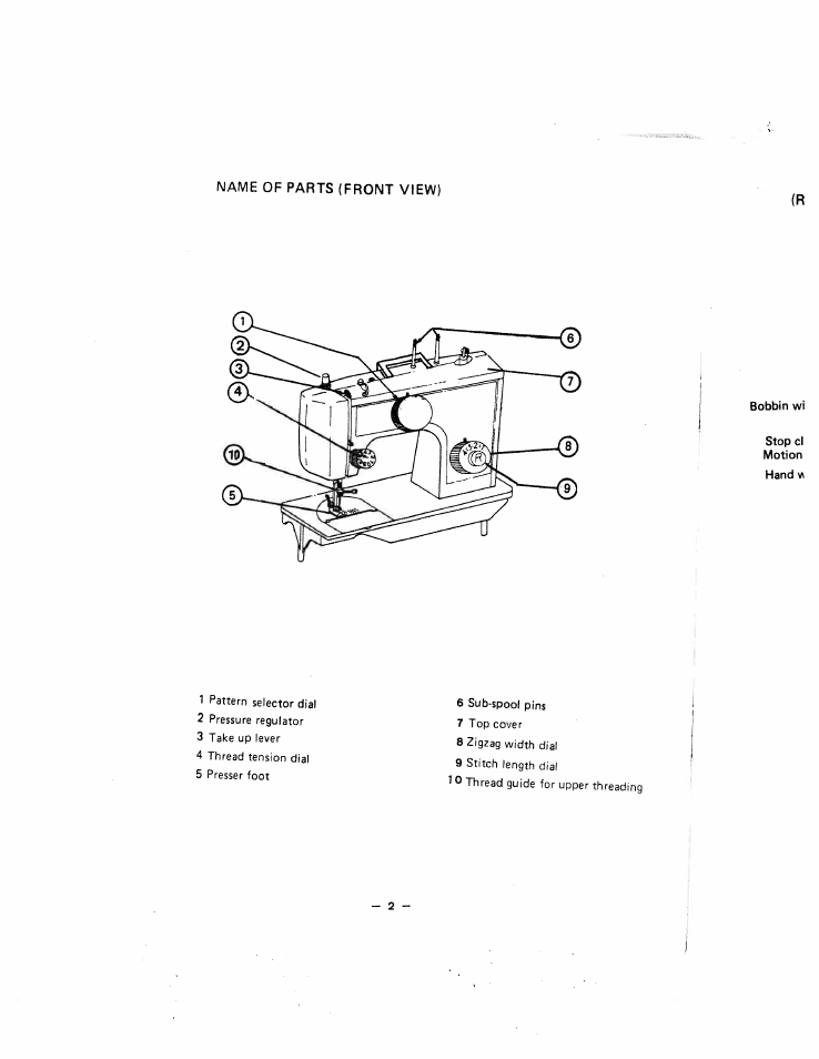 Bobbin wi, Stop cl motion, Hand w | 6 sub-spool pins | SINGER W1444 User Manual | Page 7 / 33