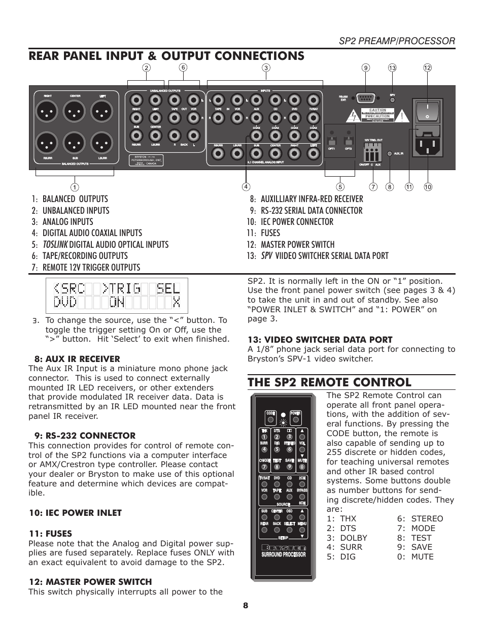 The sp2 remote control, Rear panel input & output connections, Sp2 preamp/processor | Aux ir receiver, Rs-232 connector, Iec power inlet 11: fuses, Master power switch, Video switcher data port | Bryston SP2 User Manual | Page 9 / 20