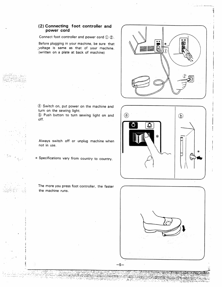 2) connecting foot controller and power cord, Connecting foot controller and power cord | SINGER W1810 User Manual | Page 10 / 47