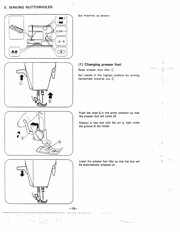 Making buttonholes, 1) changing presser foot | SINGER W1810 User Manual | Page 23 / 47