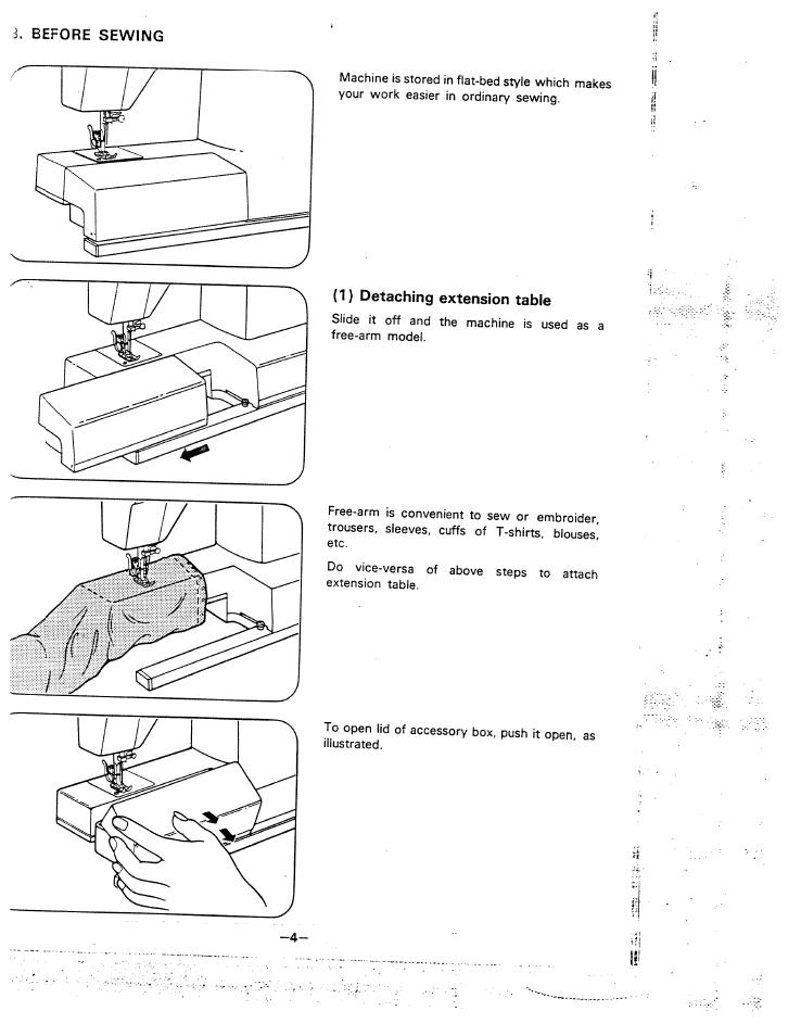 I. before sewing, 1) detaching extension table, Before sewing | SINGER W1810 User Manual | Page 9 / 47