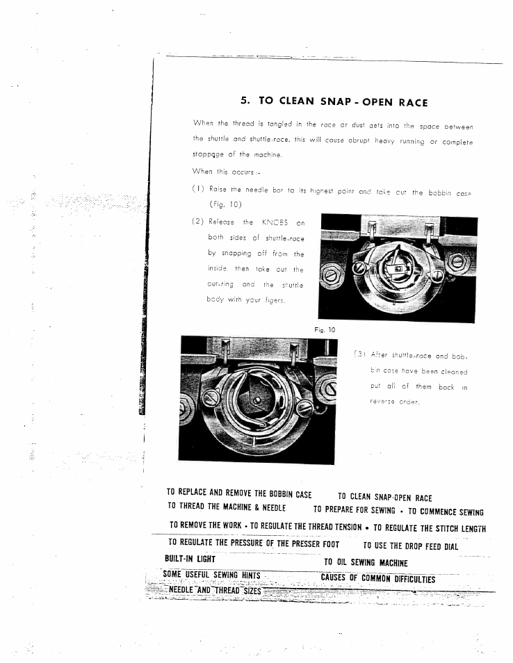 To clean snap - open race, Tneedletind, Thread | Sbes | SINGER W150 FL User Manual | Page 12 / 24