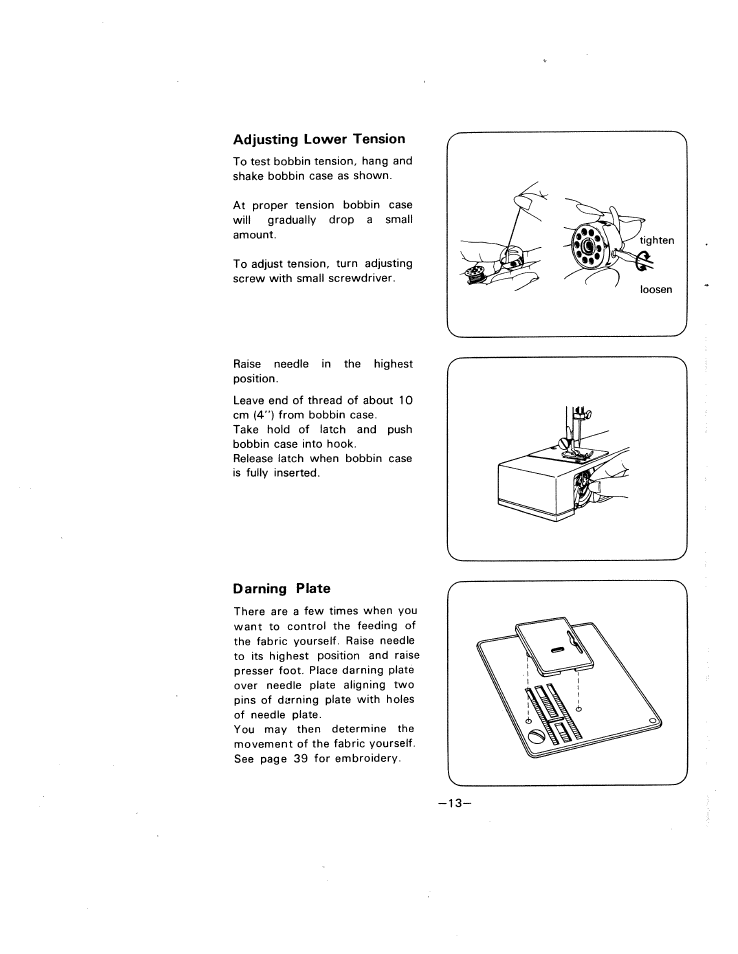 Adjusting lower tension, Darning plate | SINGER W1505 User Manual | Page 16 / 47