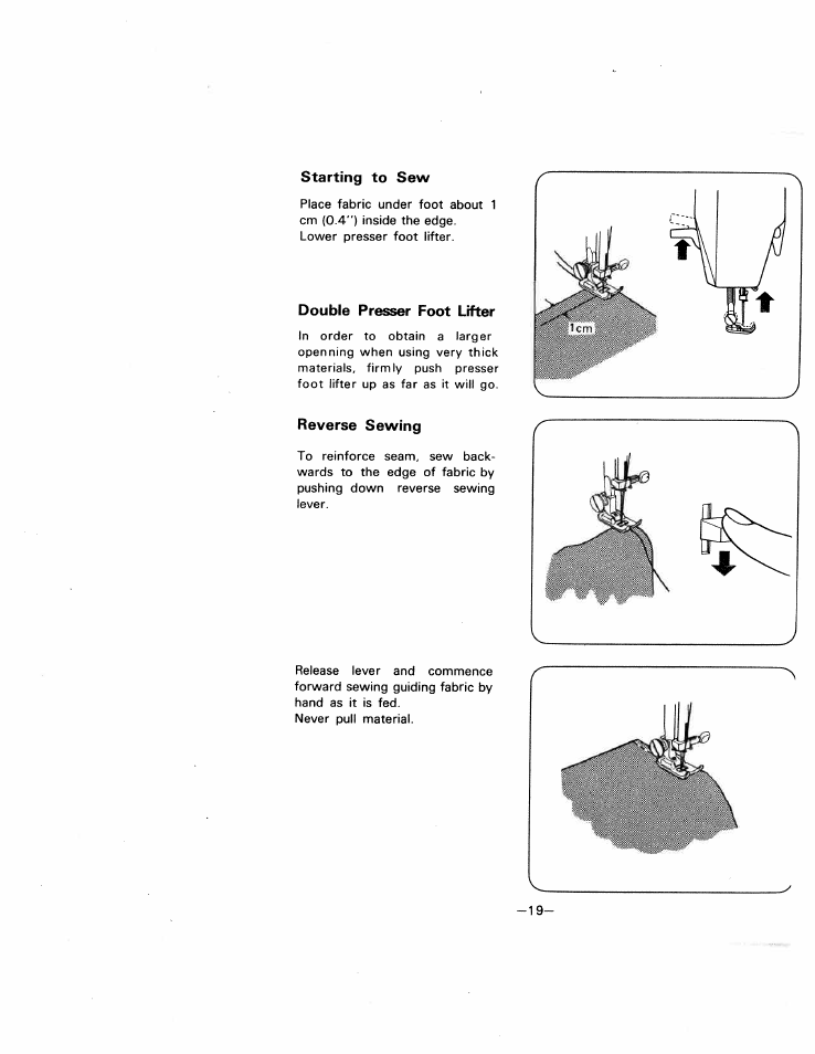 Starting to sew, Double presser foot lifter, Reverse sewing | SINGER W1505 User Manual | Page 22 / 47