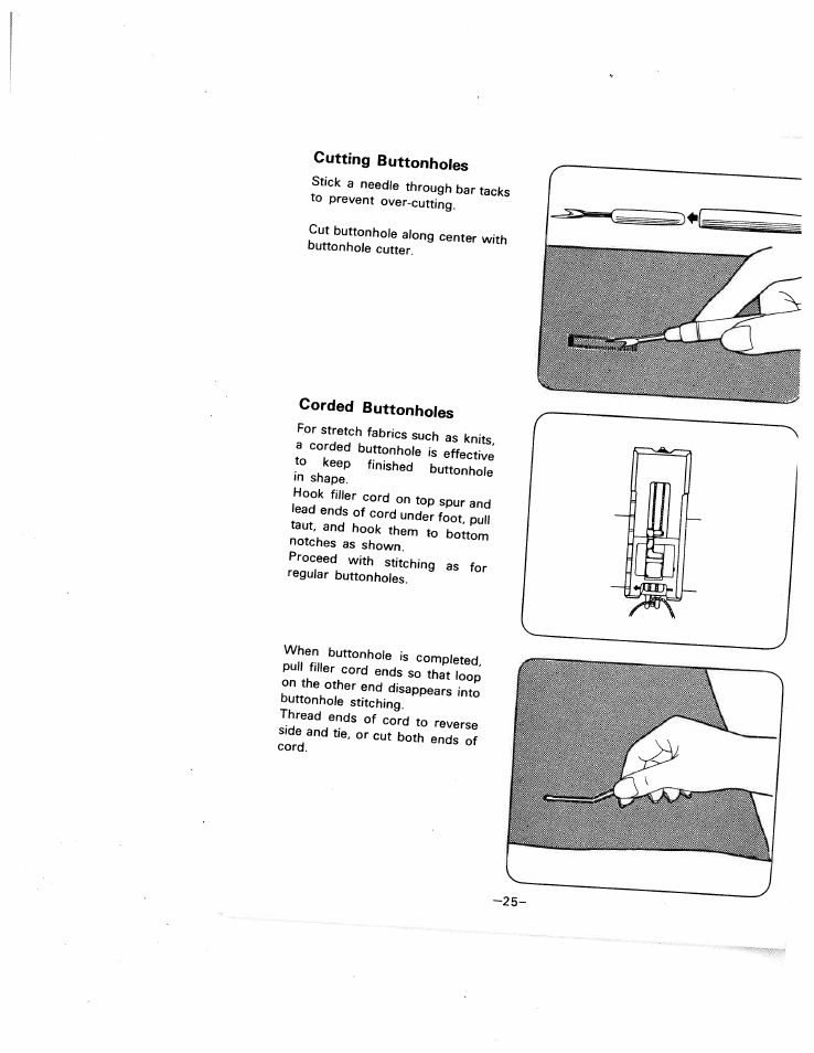 Cutting buttonholes, Corded buttonholes, Insce | SINGER W1505 User Manual | Page 28 / 47