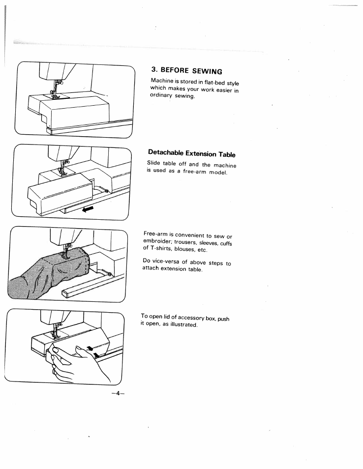 Before sewing, Detachable extension table | SINGER W1505 User Manual | Page 7 / 47