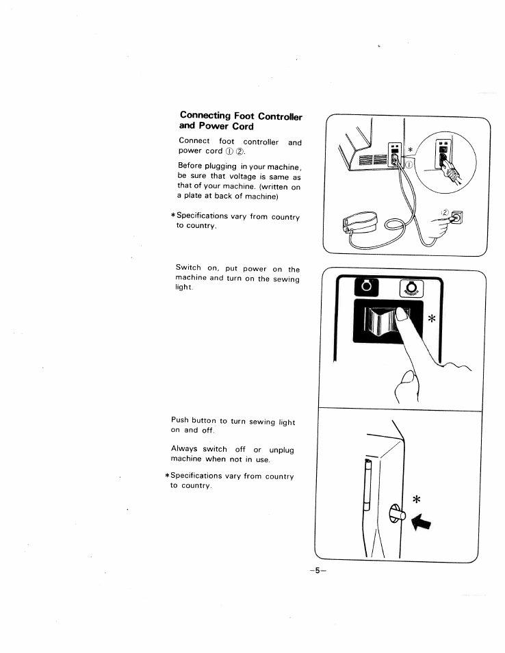 Connecting foot controher and power cord | SINGER W1505 User Manual | Page 8 / 47