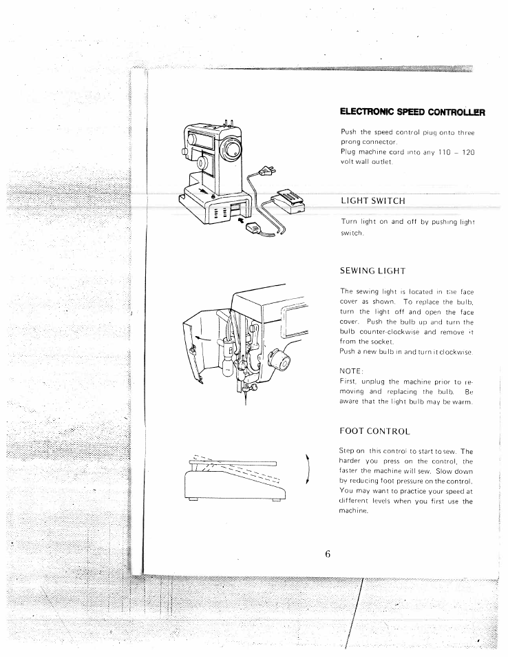 Sewing light, Foot control, Electronic speed controller | SINGER W1550 User Manual | Page 10 / 47