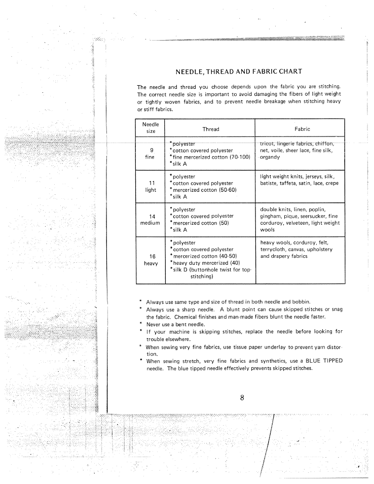 Needle, thread and fabric chart | SINGER W1550 User Manual | Page 12 / 47