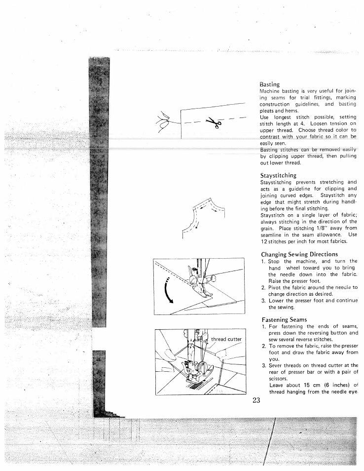 Basting, Staystitching, Changing sewing directions | Fastening seams | SINGER W1550 User Manual | Page 27 / 47