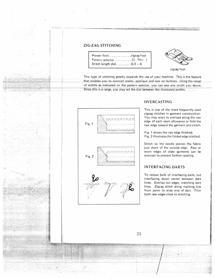 Zig-zag stitching, Overcasting, Interfacing darts | Zigzag stitching | SINGER W1550 User Manual | Page 28 / 47