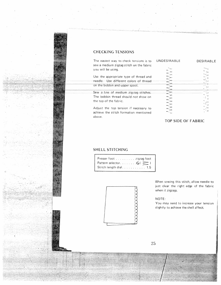 Checking tensions, Top side of fabric, Shell stitching | SINGER W1550 User Manual | Page 29 / 47