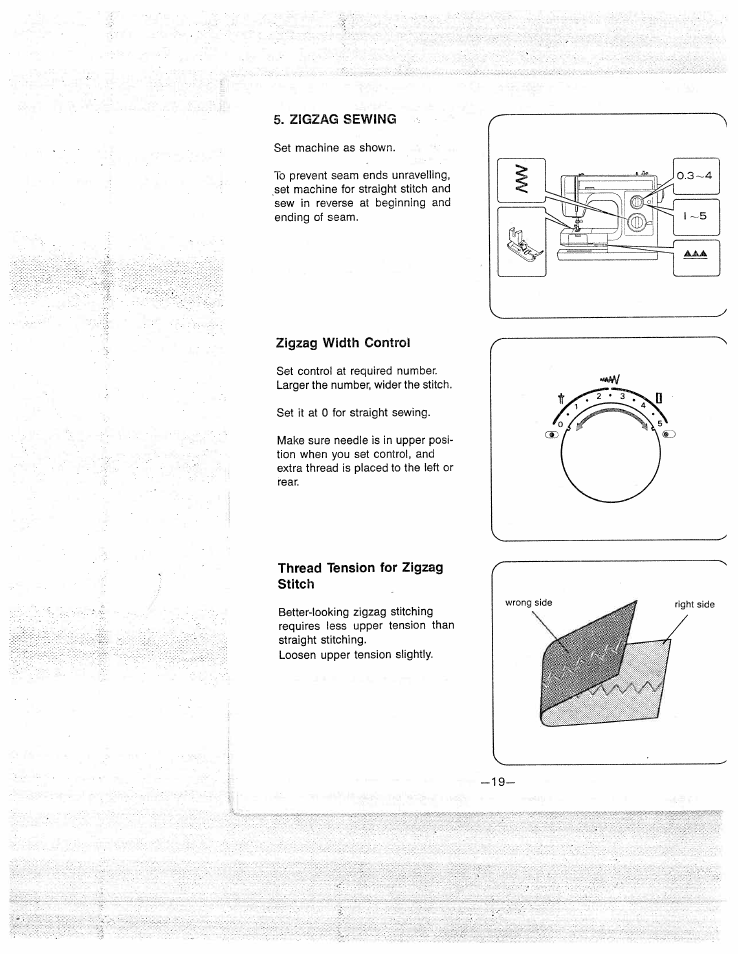 Zigzag sewing, Zigzag width control, Thread tension for zigzag stitch | SINGER W1577 User Manual | Page 22 / 37