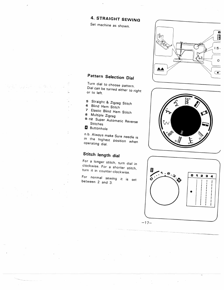 Straight sewing, Pattern selection dial, Stitch length dial | O i s 3 4 | SINGER W1588 User Manual | Page 20 / 45