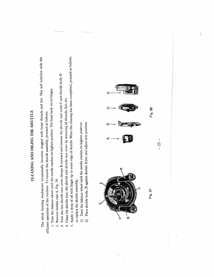 Cleaning and oiling the shuttle, Fig. 38, Cleaning and oiling the shuttle -24 | SINGER W159 User Manual | Page 24 / 29