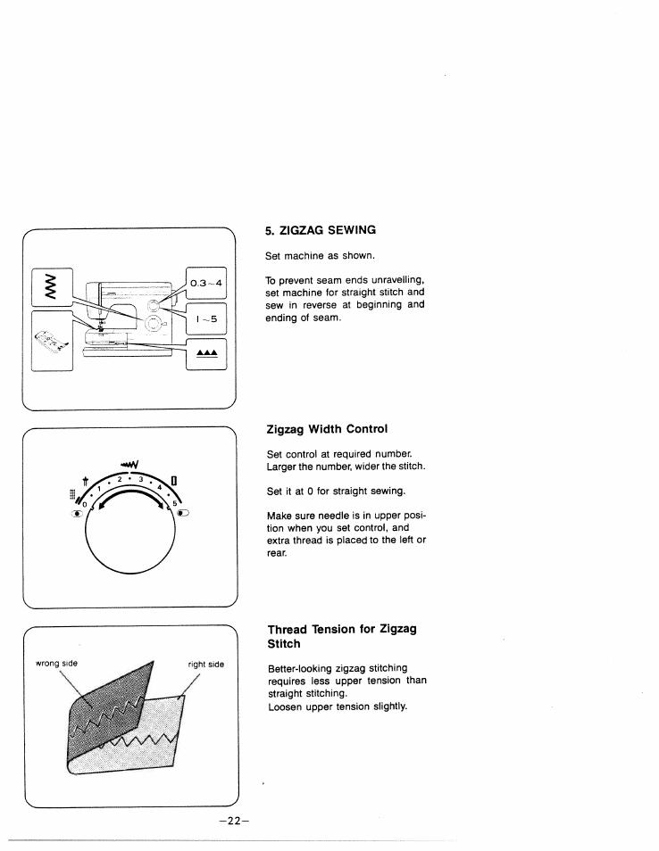 Zigzag sewing, Zigzag width control, Thread tension for zigzag stitch | SINGER W1599 User Manual | Page 24 / 48