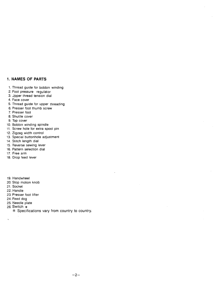 I. names of parts, Names of parts | SINGER W1599 User Manual | Page 4 / 48