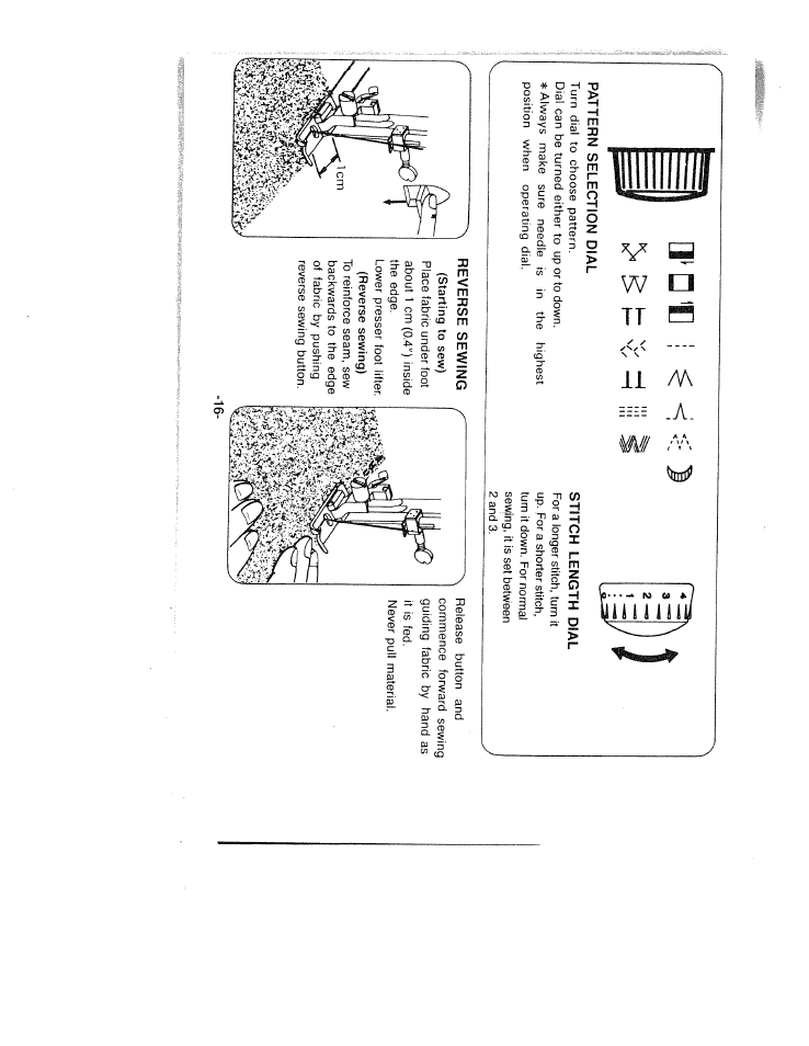 Pattern selection dial, Reverse sewing, Reverse sewing -17 | U u i | SINGER W1624 User Manual | Page 20 / 44