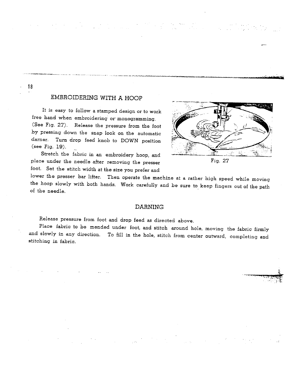 Embroidering with a hoop, Darning, Embroidery with a hoop | SINGER W165 User Manual | Page 19 / 40