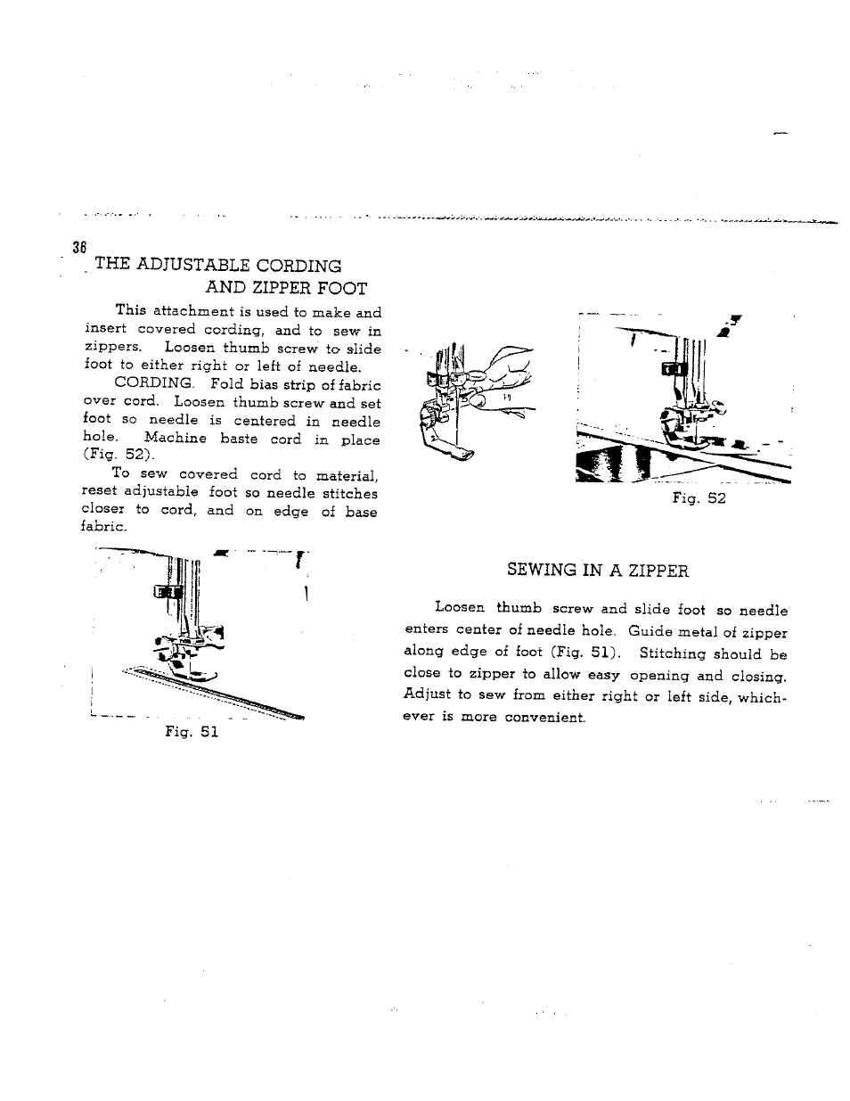 The adjustable cording, And zipper foot, Sewing in a zipper | SINGER W165 User Manual | Page 37 / 40