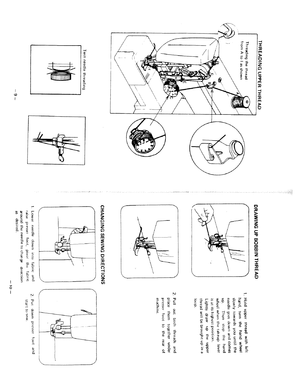 Threading upper thread, Drawing up bobbin thread, Changing sewing directions | SINGER W1666 User Manual | Page 7 / 16