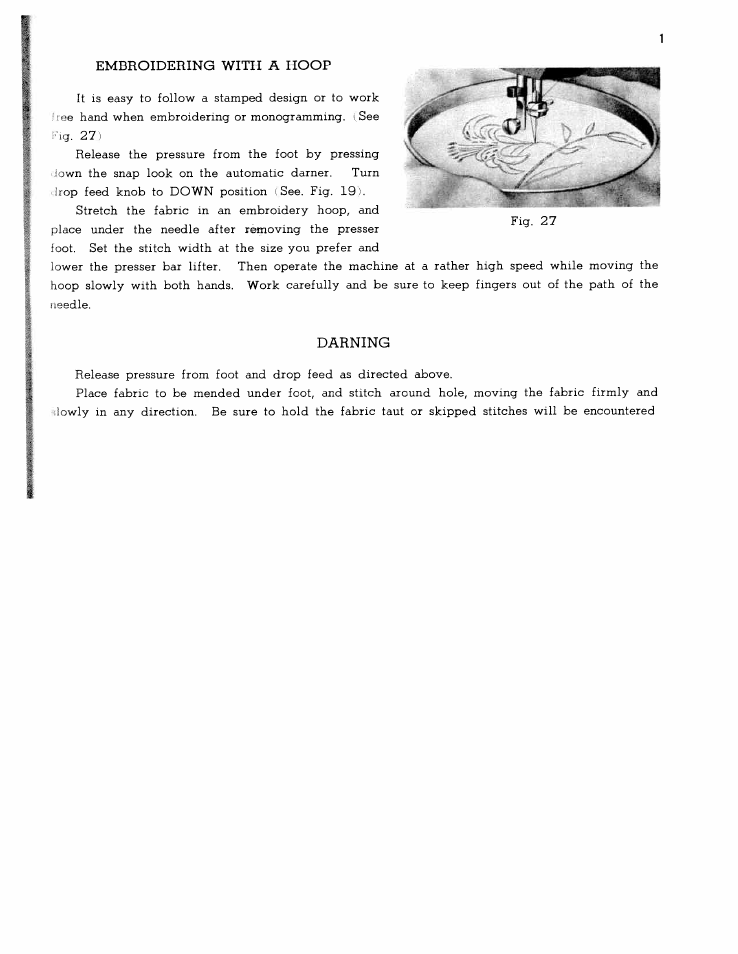 Embroidering with a hoop, Darning, Embroidery with a hoop | SINGER W167 User Manual | Page 19 / 38