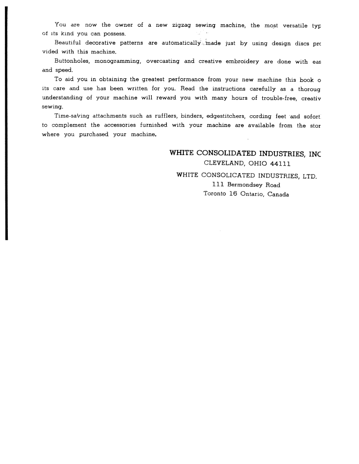 White consolidated industries, inc | SINGER W167 User Manual | Page 2 / 38