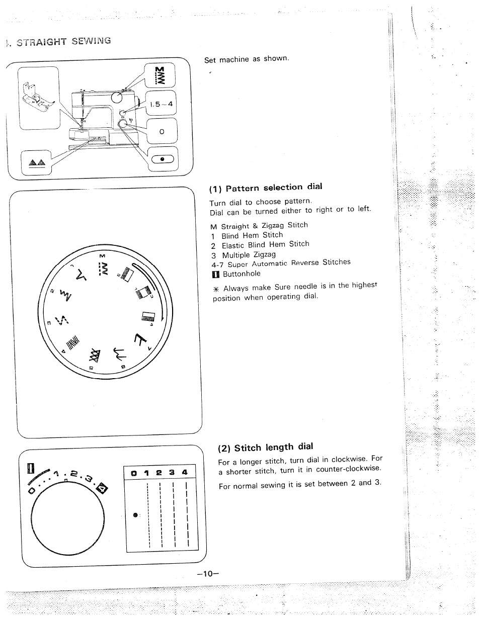 1) pattern selection dial, 2) stitch length dial, 1) pattern selection dial (2) stitch length dial | SINGER W1710 User Manual | Page 13 / 53